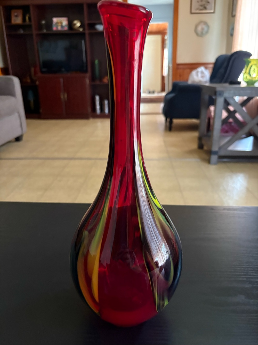 Pier 1 Imports Red Blown Glass Vase with Yellow, Green & Black Swirl - Picture 3 of 7